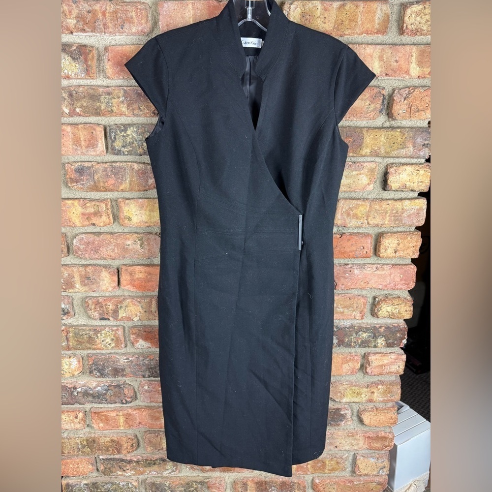 Vintage 90s Calvin Klein Black Cap Sleeve Snap Wrap Dress Size 4